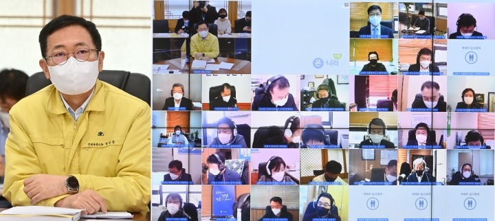 박남춘 인천광역시장이 28일 시청 접견실에서 열린 '2021년 실·국 10대과제 점검회의'에서 모두발언을 하고 있다.